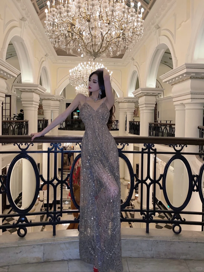 Glitter A Line Spaghetti Straps Tulle Sequin Long Prom Dress,Party Dress,Evening Dress GG3662