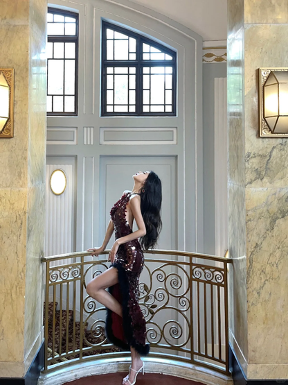 Stunning Burgundy Mermaid Halter Sequin Slit Long Prom Dress,Party Dress,Evening Dress GG3663