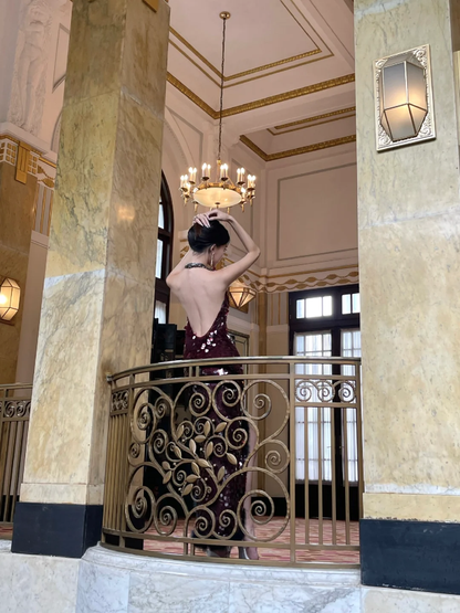 Stunning Burgundy Mermaid Halter Sequin Slit Long Prom Dress,Party Dress,Evening Dress GG3663