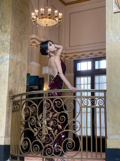 Stunning Burgundy Mermaid Halter Sequin Slit Long Prom Dress,Party Dress,Evening Dress GG3663