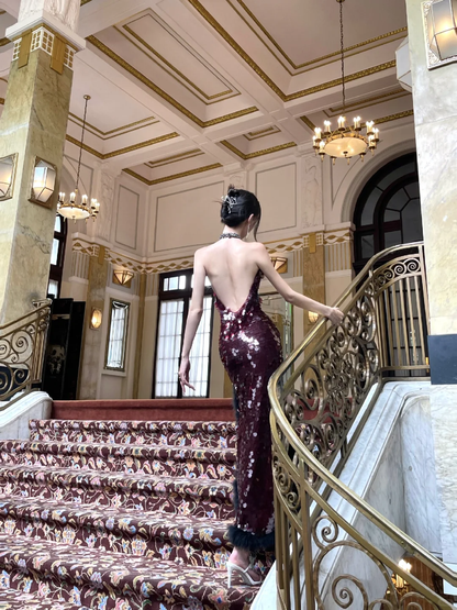 Stunning Burgundy Mermaid Halter Sequin Slit Long Prom Dress,Party Dress,Evening Dress GG3663