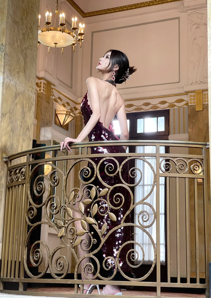 Stunning Burgundy Mermaid Halter Sequin Slit Long Prom Dress,Party Dress,Evening Dress GG3663