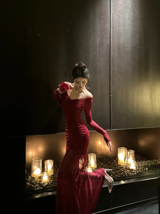 Elegant Burgundy Mermaid Off The Shoulder Satin Chiffon Long Sleeves Long Prom Dress,Party Dress,Evening Dress GG3664