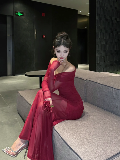 Elegant Burgundy Mermaid Off The Shoulder Satin Chiffon Long Sleeves Long Prom Dress,Party Dress,Evening Dress GG3664