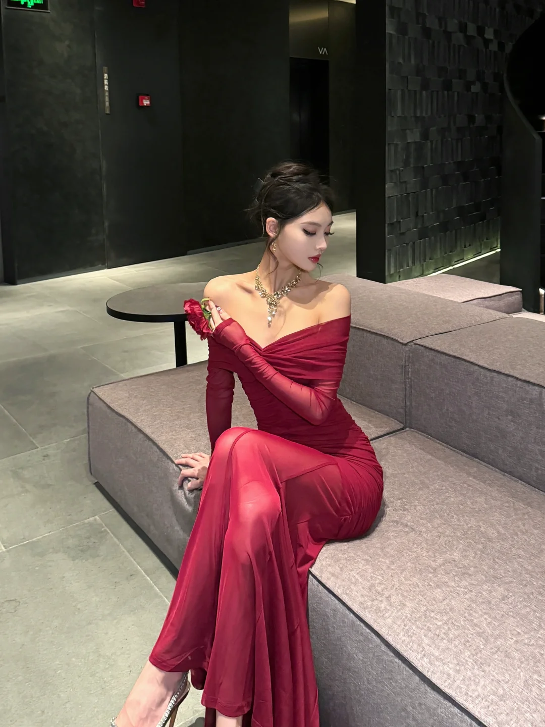 Elegant Burgundy Mermaid Off The Shoulder Satin Chiffon Long Sleeves Long Prom Dress,Party Dress,Evening Dress GG3664