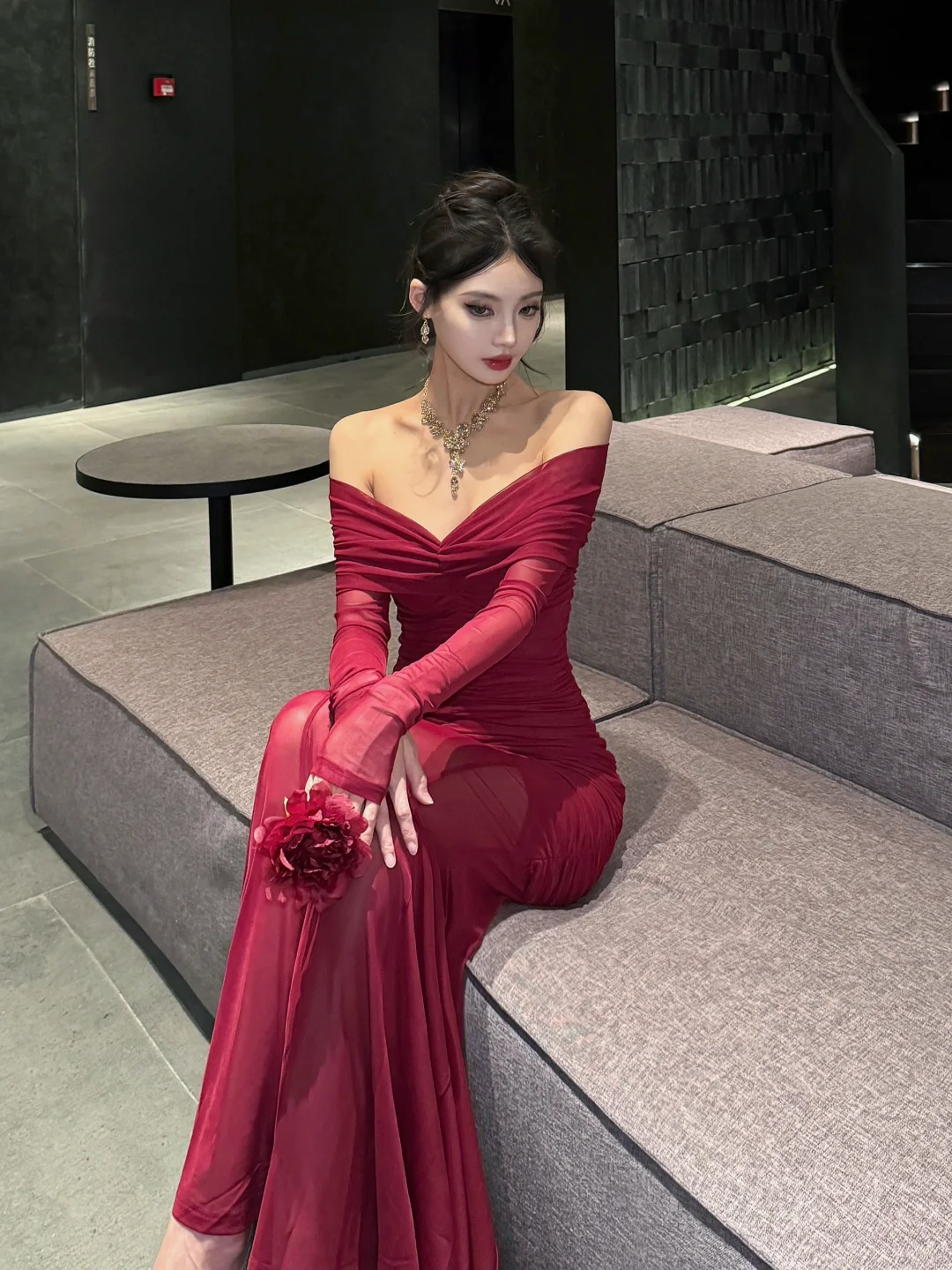Elegant Burgundy Mermaid Off The Shoulder Satin Chiffon Long Sleeves Long Prom Dress,Party Dress,Evening Dress GG3664