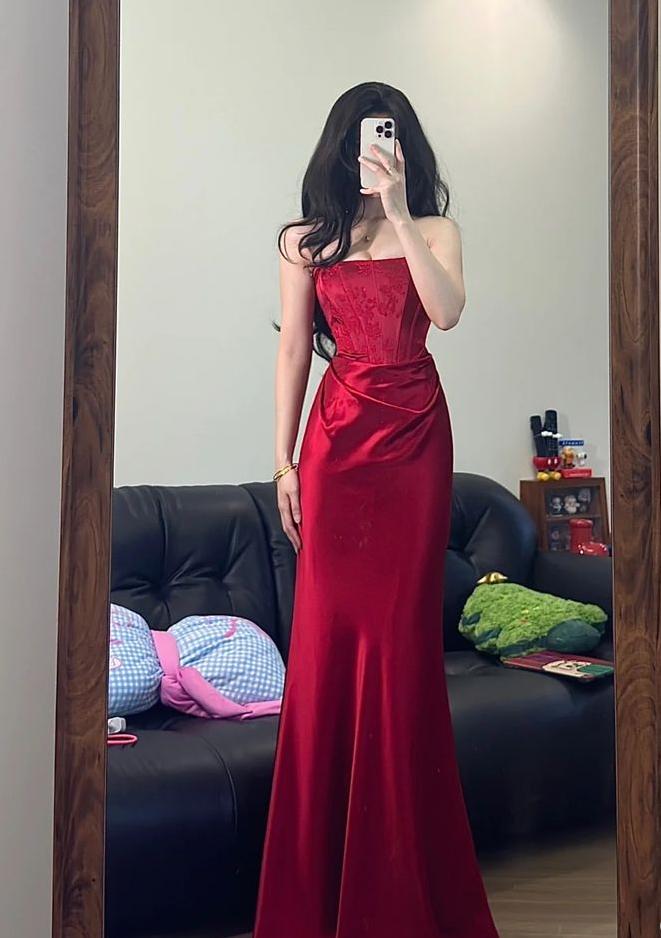 Elegant Mermaid Strapless Burgundy Satin Long Prom Dress,Party Dress,Evening Dress GG3672