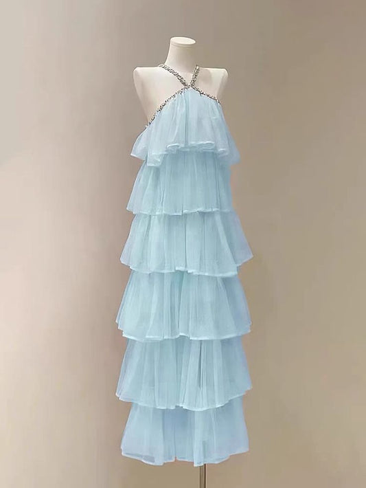 Pale Blue A Line Halter Chiffon Tiered Long Prom Dress,Party Dress,Evening Dress GG3673