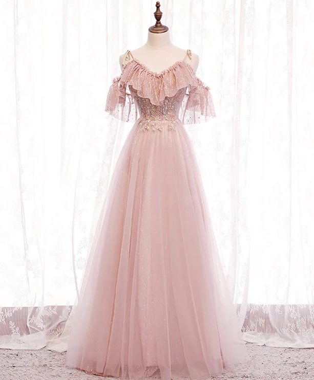 Elegant A Line Off The Shoulder Soft Pink Tulle Long Prom Dress,Evening Dress GG367
