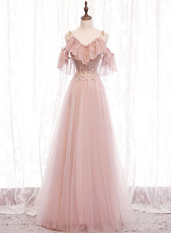 Elegant A Line Off The Shoulder Soft Pink Tulle Long Prom Dress,Evening Dress GG367