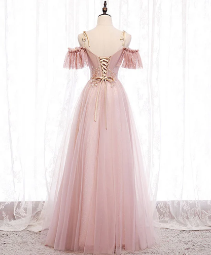 Elegant A Line Off The Shoulder Soft Pink Tulle Long Prom Dress,Evening Dress GG367
