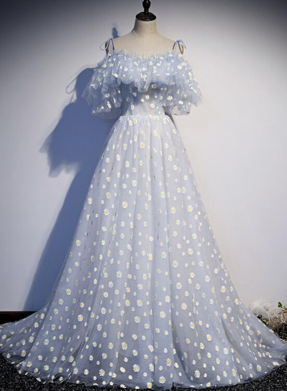 Elegant A Line Off The Shoulder Light Blue Tulle Applique Long Prom Dress,Evening Dress GG368