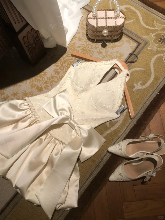 Style Classy A Line Halter Satin Lace With Bow Short Homecoming Dress,Summer Birthday Dress GG3692