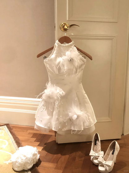 Sweet 17th A Line Halter Satin Tulle Beads Applique Short Homecoming Dress,Summer Birthday Dress GG3694