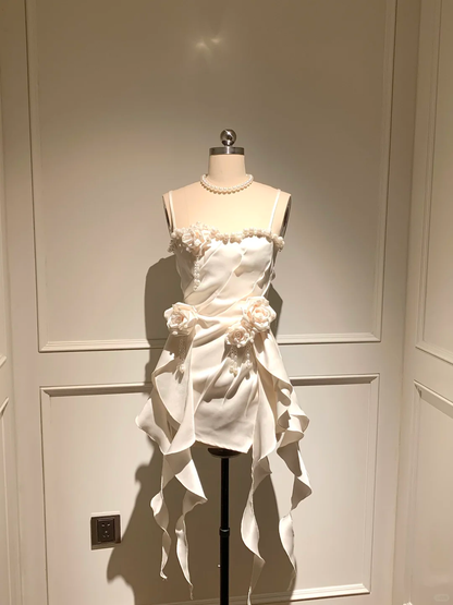 Impress A Line Sapghetti Straps Satin Beads Flower Ruffles Short Homecoming Dress,Summer Birthday Dress GG3696