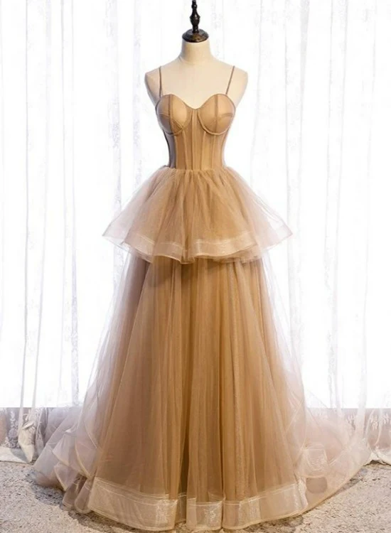 New Elegant A Line Sweetheart Neck Flouncing Tulle Long Prom Dresses,Tulle Long Formal Graduation Dresses GG370