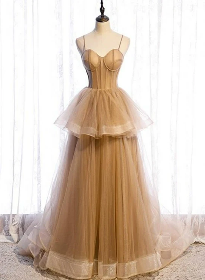 New Elegant A Line Sweetheart Neck Flouncing Tulle Long Prom Dresses,Tulle Long Formal Graduation Dresses GG370