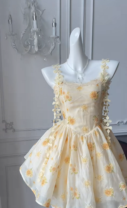 Pastel Yellow A Line Spaghetti Straps Satin Chiffon Applique Short Homecoming Dress,Summer 16th Birthday Dress GG3729