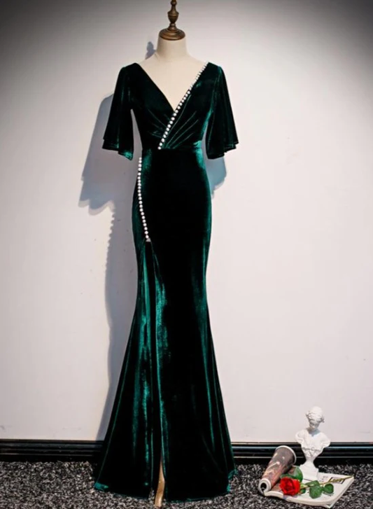 Glam Mermaid V Neckline  Dark Green Velvet  Beaded Slit Long Prom Dress,Evening Dress GG373