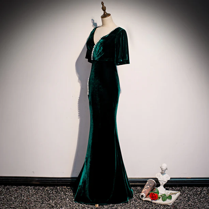 Glam Mermaid V Neckline  Dark Green Velvet  Beaded Slit Long Prom Dress,Evening Dress GG373