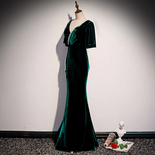 Glam Mermaid V Neckline  Dark Green Velvet  Beaded Slit Long Prom Dress,Evening Dress GG373