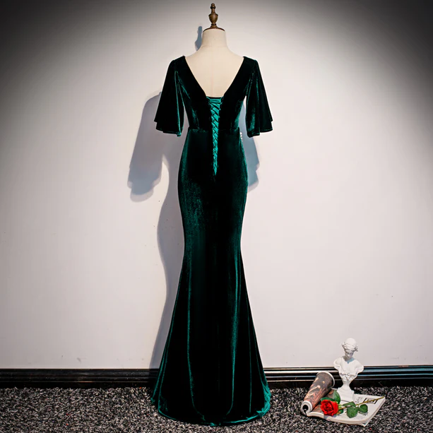 Glam Mermaid V Neckline  Dark Green Velvet  Beaded Slit Long Prom Dress,Evening Dress GG373