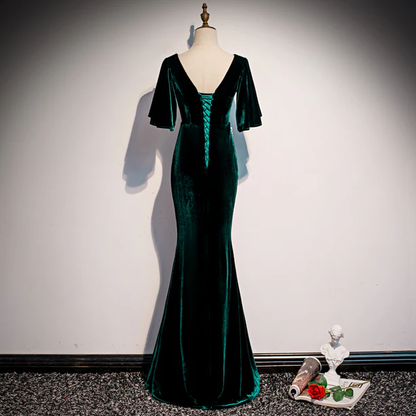 Glam Mermaid V Neckline  Dark Green Velvet  Beaded Slit Long Prom Dress,Evening Dress GG373