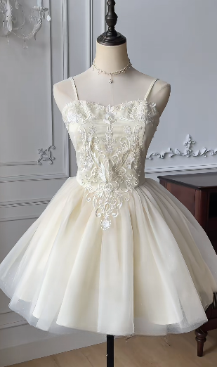 Pretty 15th A Line Sapghetti Straps Satin Tulle Applique Short Homecoming Dress,Summer Birthday Dress GG3742