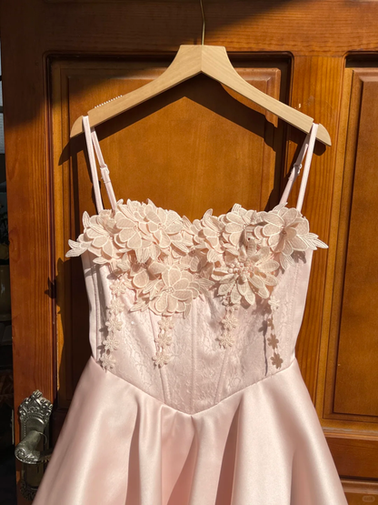 Sweet 16th Pink A Line Sapghetti Straps Satin Applique Short Homecoming Dress,Summer Birthday Dress GG3743