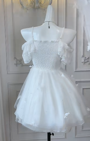 White 17th A Line Sapghetti Straps Satin Tulle Applique Short Homecoming Dress,Summer Birthday Dress GG3745