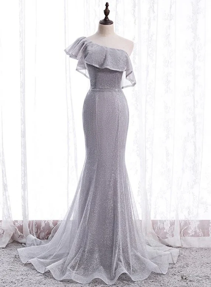 Shiny Mermaid Grey One Shoulder Tulle Long Prom Dress,Evening Dress GG374