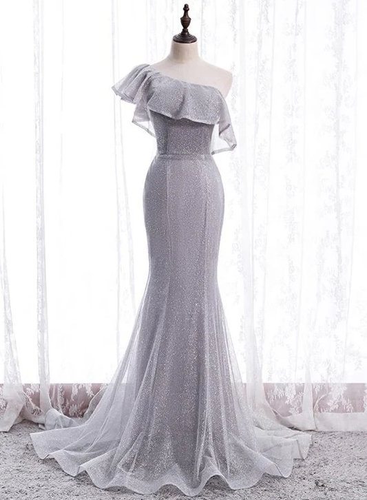 Shiny Mermaid Grey One Shoulder Tulle Long Prom Dress,Evening Dress GG374