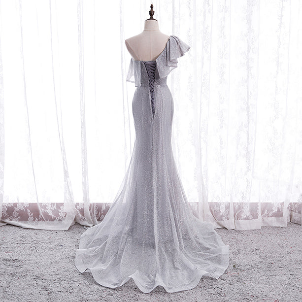 Shiny Mermaid Grey One Shoulder Tulle Long Prom Dress,Evening Dress GG374