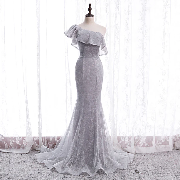Shiny Mermaid Grey One Shoulder Tulle Long Prom Dress,Evening Dress GG374