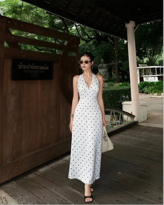 Elegant A Line Halter White Satin Polka Dots Long Prom Dress,Party Dress,Evening Dress GG3771
