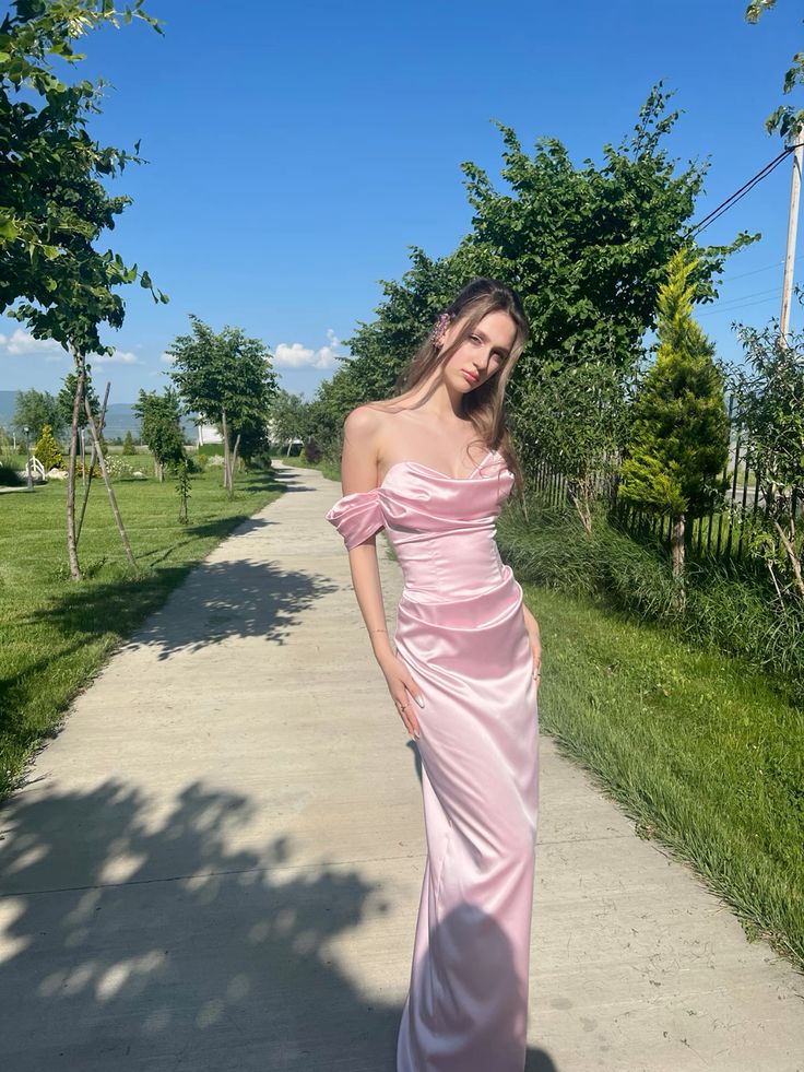 Pink Mermaid Off The Shoulder Satin Pleated Long Prom Dress,Party Dress,Evening Dress GG3783