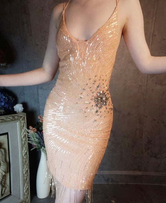 Sexy 21th Mermaid Spaghetti Straps Satin Sequin Beads Tassel Short Homecoming Dress,Summer Birthday Dress GG3790