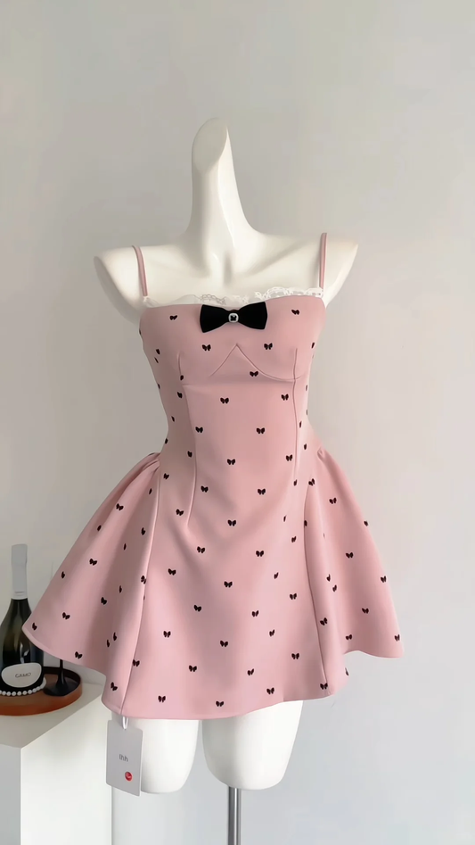 Pretty A Line Spaghetti Straps Satin Printed Bow Short Homecoming Dress,Summer 18th Birthday Dress GG3802