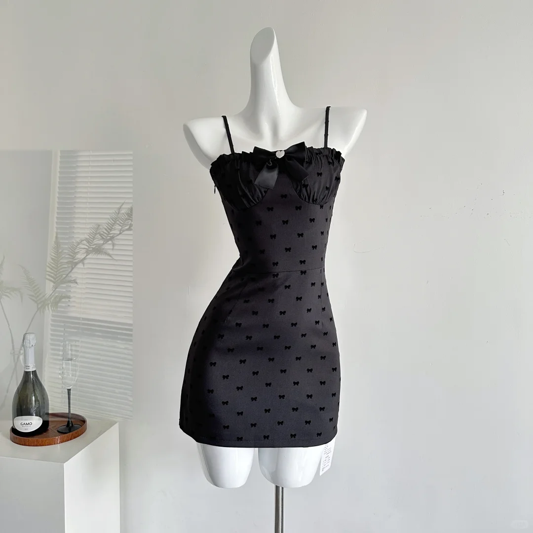 Charming Black Mermaid Spaghetti Straps Satin Printed Bow Short Homecoming Dress,Summer 17th Birthday Dress GG3806