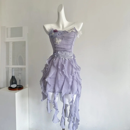 Lilac A Line Strapless Satin Chiffon Applique Ruffles Short Homecoming Dress,Summer 18th Birthday Dress GG3813
