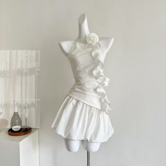 Cute A Line Halter White Satin Flower Short Homecoming Dress,Summer 18th Birthday Dress GG3816