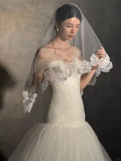 Dreamy Mermaid Strapless Ivory Tulle With Veil Long Wedding Dress GG3021