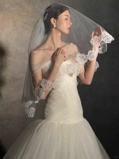 Dreamy Mermaid Strapless Ivory Tulle With Veil Long Wedding Dress GG3021