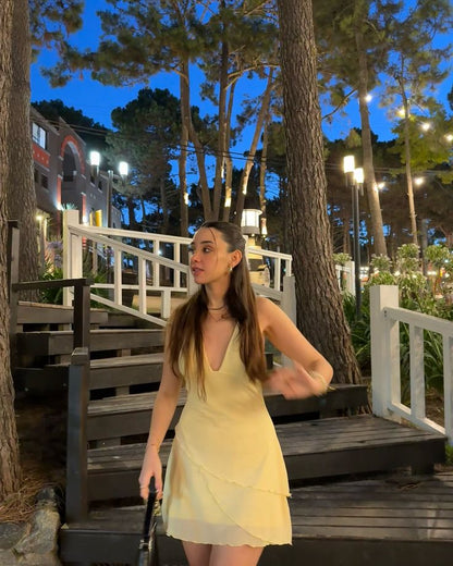 Pastel Yellow A Line Halter V Neck Chiffon Short Homecoming Dress,Summer 20th Birthday Dress GG3830