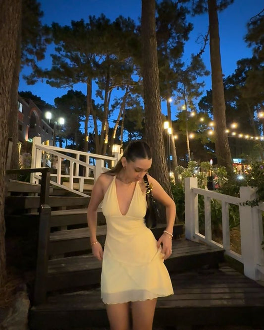 Pastel Yellow A Line Halter V Neck Chiffon Short Homecoming Dress,Summer 20th Birthday Dress GG3830