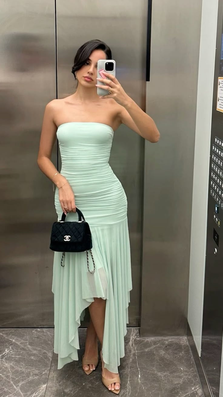 Stunning Mermaid Strapless Sage Satin Chiffon Long Prom Dress,Party Dress,Evening Dress GG3837
