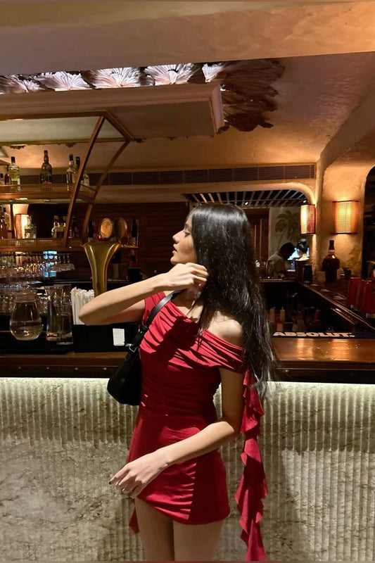 Burgundy Mermaid Off The Shoulder Satin Ruffles Short Homecoming Dress,Summer 18th Birthday Dress GG3840