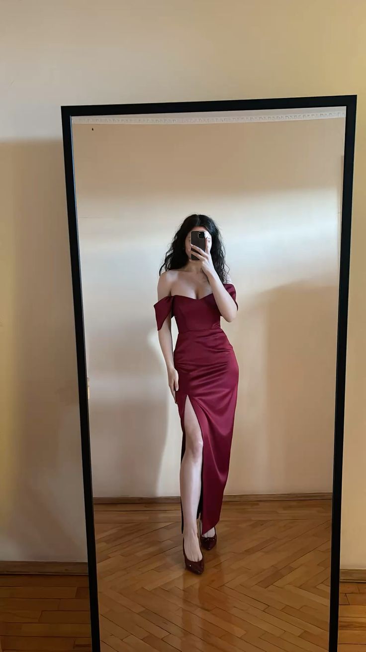 Charming Burgundy Mermaid Off The Shoulder Satin Slit Long Prom Dress,Party Dress,Evening Dress GG3842