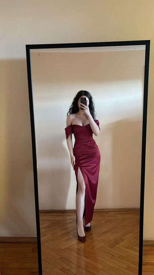 Charming Burgundy Mermaid Off The Shoulder Satin Slit Long Prom Dress,Party Dress,Evening Dress GG3842