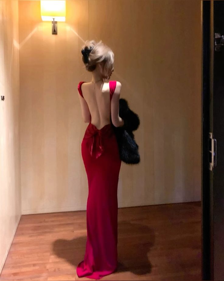 Red Mermaid Square Satin Backless With Bow Long Prom Dress,Party Dress,Evening Dress GG3848